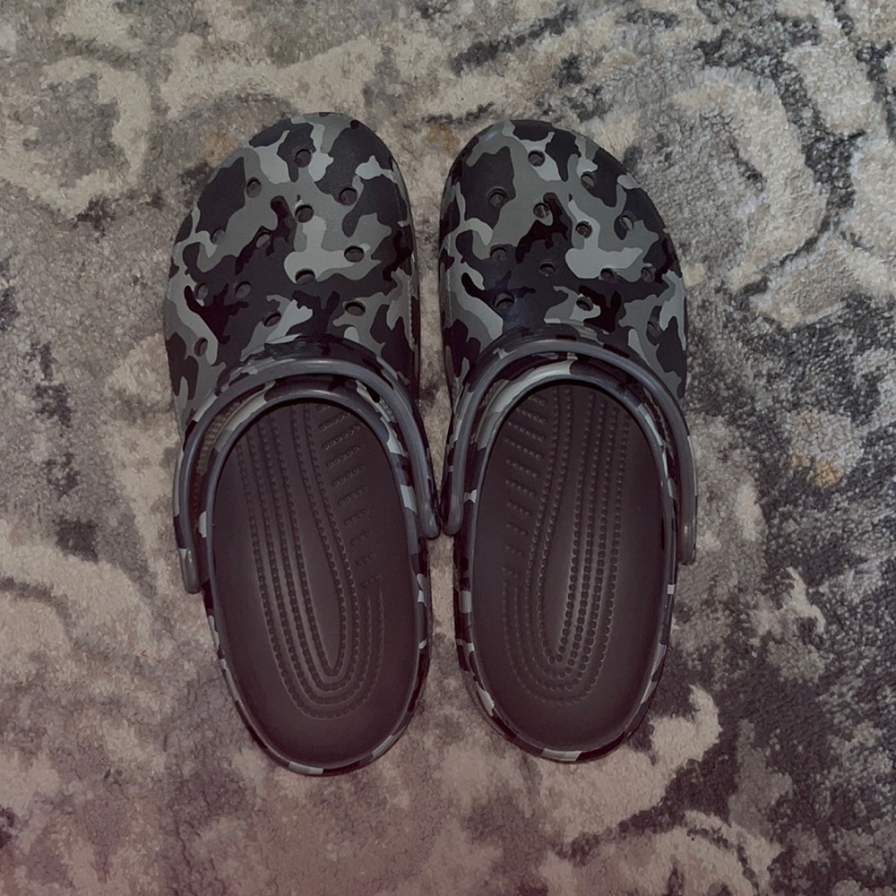 grey and black camo crocs